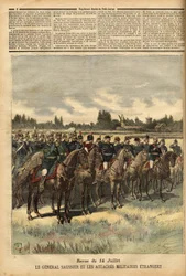 General Félix Gustave (Félix-Gustave) Saussier (1828-1905), gobernador militar de París desde 1884, rodeado de lazos militares extranjeros, revisó las tropas durante el desfile el 14 de julio de 1891 en la llanura del Bois de Boulogne. Grabado en 