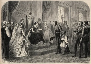 El General Robert Cornelis Napier (1810-1890) presentó a Leul Alemayehou Tewodros (1861-1879), el hijo del negus etíope Teodoro II (Tewodros), a la Reina Victoria I (1819-1901). Grabado en “L