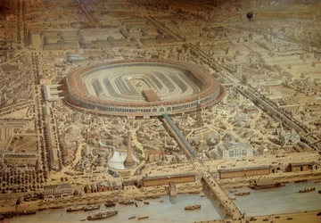 Vista general de la Exposición Mundial de 1867 en París. En el centro de la escuela militar del Champ de Mars. Grabado París, Museo Carnavalet