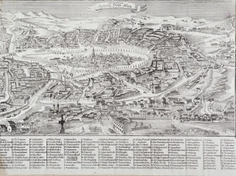 Vista general de la ciudad de Viena con detalle de los principales edificios y monumentos. Austria. Grabado de 1800 Colección privada