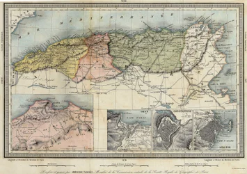 Mapa geográfico de Argelia y detalles de las provincias de Argel, Orán y Constantina, realizado por Amboise Tardieu