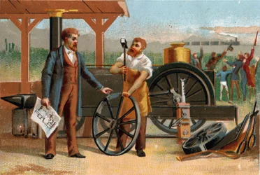 George Stephenson (1781-1848) representado con una de sus invenciones: la locomotora. Cromolitografía tardía del siglo XIX