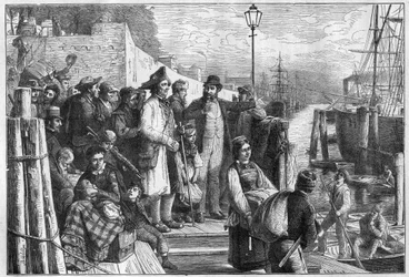 Emigrantes alemanes a Nueva York embarcando en un vapor de Hamburgo en 1874, grabado - (Deutsche Emigranten)
