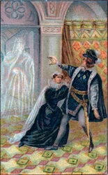 Gertrudis, Hamlet y el fantasma del padre de Hamlet. En «Hamlet», de William Shakespeare. Cromolitografía de finales del siglo XIX.