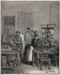 Dorado de libros (cubiertas) en hierro en un taller en Francia en el siglo XIX. Grabado de 1885 en "Les arts et metiers illustres" por Adolphe BITARD