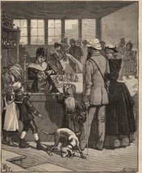 Arte del vidrio: turistas comprando una perla soplada en una fábrica de vidrio en Venecia, Italia. Grabado de 1885 en “Les arts et métiers illustrés” de Adolphe Bitard.