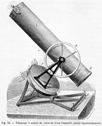 Telescopio de espejo de vidrio por Léon Foucault, montado ecuatorialmente - en “Las maravillas de la ciencia” de Louis Figuier
