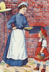 Ve a llevar ese pastel y esa olla de mantequilla a tu abuela. Ilustración anónima para "Caperucita Roja", cuento de Charles Perrault (1628-1703), escritor francés. Imágenes Marcel Vagne, Jarville Nancy, sin fecha (finales del siglo XIX)