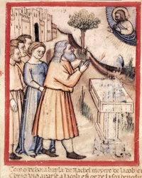 Dios aparece a Jacob habiendo edificado un altar. Miniatura del códice 212 (o códice padovano o Biblia de Padua) 1390-1400. Rovigo, Accademia dei Concordi