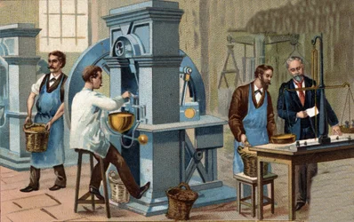Minería de oro. Taller de acuñación y verificación de monedas. Cromolitografía de finales del siglo XIX