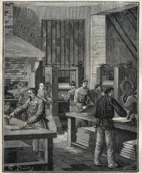 Orfebrería: preparación de la placa, preparación del metal para la ejecución de una platería especial. Grabado de 1885 en “Les arts et metiers illustres” de Adolphe Bitard.