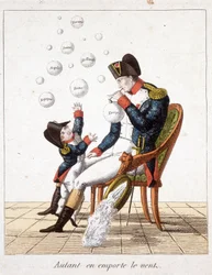 Lo que el viento se llevó: Napoleón haciendo burbujas de jabón de Toscana, Suiza, Holanda, Nápoles, Roma, España y Europa - en “Napoleón 1º, caricaturas, colección ficticia”, c. 1814