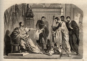 Gordiano I (158-238) rechazando la dignidad imperial - Gordiano I (Marcus Antonius Gordianus Sempronianus Romanus Africanus) rechazó la dignidad imperial - grabado en Dictionnaire populaire illustrious - 1864 - por Joseph Decembre y Edmond Allonier