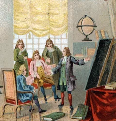 Gottfried Wilhelm Leibniz (1646-1716), filósofo y matemático alemán; demostrando sus teorías sobre el cálculo diferencial. Cromolitografía, finales del siglo XIX.
