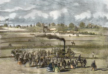 Gran Bretaña: Agricultura, escena de arado. Arado de vapor Boydell cerca de Louth en 1854