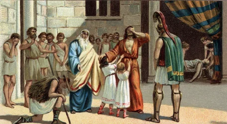 Grandes tragedias griegas: «Edipo rey» de Sófocles. Edipo, ciego, se apoya en dos de sus hijas. A su izquierda, su apuesto padre Creonte; a su derecha, el consolador Tiresias y un viejo pastor que revelan la verdadera identidad de Edipo. En el fondo la ina