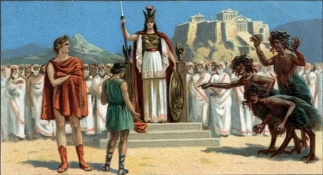 Grandes tragedias griegas: “La Orestíada” de Esquilo. Orestes apareció ante el Areópago o Tribunal Supremo de Atenas, presidido por la diosa Palas Atenea o Minerva, asistida por Apolo. A la derecha están las Erinias (las tres furias).
