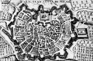 Gran ciudad de Milán, grabado del mapa de Milán, Italia