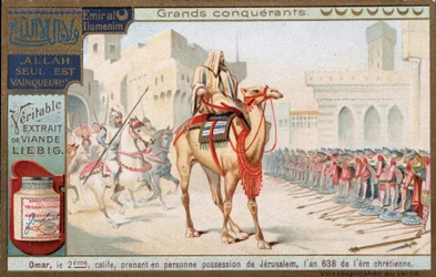 Grandes conquistadores: Omar ibn al Khattab u Omar I (554-644), 2º Califa del Islam, tomando posesión de Jerusalén (Israel) en persona, 638 - cromolitografía de Liebig