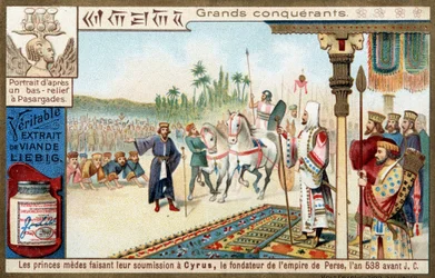 Grandes conquistadores: los príncipes medos sometiéndose a Ciro II el Grande (559-529 a.C.), fundador del Imperio Persa en 538 a.C. - cromolitografía de Liebig