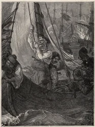 Guerra de Independencia Griega 1821 - 1829: Constantino Kanaris (Konstantinos Canaris) quemando el buque insignia de la flota turca frente a Quíos