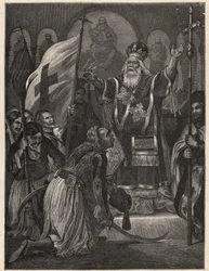 Guerra de Independencia Griega 1821 - 1829: el obispo Germanos III de Patras Viejo (Georgios Gotzias) bendiciendo la bandera de la lucha por la libertad, monasterio de Agia Lavra, 21 de marzo de 1821 - grabado después de la pintura