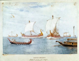 Buques de guerra y comercio griegos (Acuarela)