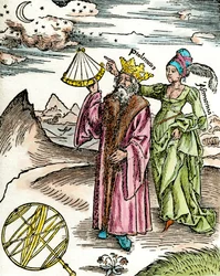 Astrónomo griego Claudio Ptolomeo usando un sextante y Astronomía. Grabado de 1503