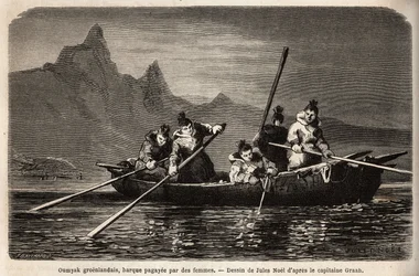 Umyak de Groenlandia, tipo de barco operado por mujeres. Grabado para ilustrar el viaje al mar libre del polo Ártico, por el Doctor Hayes, cirujano de la Marina de los Estados Unidos, en 1860-1862, publicado en “Le tour du monde, nouveau journal des voyage