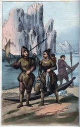 Hombres y mujeres de Groenlandia regresando de la pesca - grabado de «Usi e Costumi di Tutti i Popoli dell