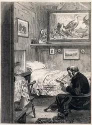 Cabina del Hospital de Greenwich Royal Charles Ward - Grabado de 1865 de un pensionista naval en sus cuartos de retiro (Hospital de Greenwich) -