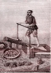 Moliendo y crujiendo los trozos de bambú, fabricación de papel en China (siglo III a.C.) (grabado