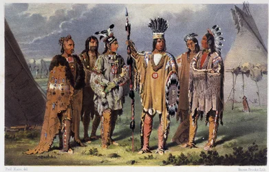 Grupo de seis jefes indios - en "Wandering of an artist among the indians of north america" por Paul Kane, Longmans & Roberts, Londres