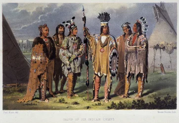 Grupo de seis jefes indios - en “Wandering of an artist among the indians of north america” de Paul Kane, Longmans & Roberts, Londres