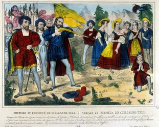 Guillermo Tell (héroe legendario de la independencia suiza). El bárbaro Gesler obliga a Guillermo Tell a quitar con una flecha una manzana colocada en la cabeza de su hijo. Grabado del siglo XIX