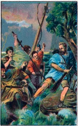 Guillermo Tell (William Tell) (héroe legendario de la independencia suiza) escapa del barco de Gessler. Cromolitografía de finales del siglo XIX.