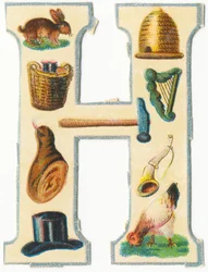 H: liebre, colmena, cesta de cosecha, arpa, martillo, jamón, cuerno, sombrero, gallina
