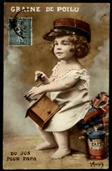 Semilla peluda - zumo para papá: un niño moldeando café, tarjeta postal, sd. principios del siglo XX.