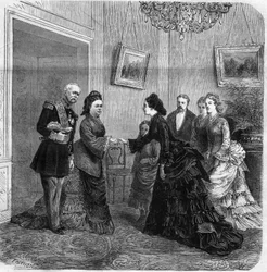 Encuentro entre Elisabeth de Mac Mahon (1834-1900) y la emperatriz austriaca Elisabeth de Wittelsbach (1837-1898) (Sissi) durante la visita del presidente de la República Francesa Patrice de Mac-Mahon (1808-1893) a Austria. 1875. Grabado en "El Universo"