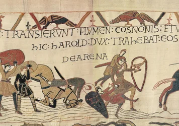 Harold arrastra a los soldados normandos del lodo, Tapiz de Bayeux