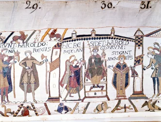 Haroldo II (1022 - 1066) fue proclamado rey a la muerte de Eduardo el Confesor en 1066 pero pronto murió en la Batalla de Hastings. Tapiz de Bayeux o Bordado de la Reina Matilde.