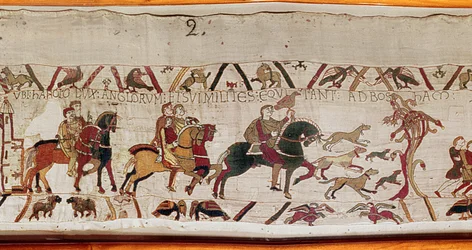 Harold es enviado con sus hombres a Normandía por Eduardo el Confesor, Tapiz de Bayeux