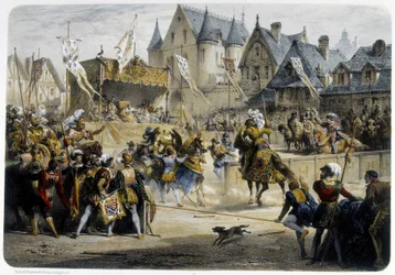 Enrique II (1519 - 1559) herido mortalmente por Montgomery durante el torneo del 29 de junio de 1559, rue St Antoine, frente al Palais des Tournelles - litografía