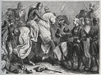 Enrique III (Enrique III Plantagenet de Inglaterra) (1207-1272) es capturado por Simón V de Montfort (ca. 1208-1265) en Lewes en Sussex 1264 - grabado 1864