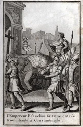 Heraclio I (Flavius Heraclius, Herakleios (circa 575-610/641), emperador bizantino, hizo una entrada triunfal en Constantinopla. Subió a un carro tirado por cuatro elefantes y llevó ante él la Verdadera Cruz (Santa Cruz) que había sido tomada de