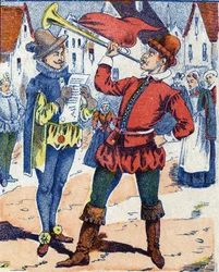 Hérault publica el edicto. Ilustración anónima para el cuento "Piel de asno" de Charles Perrault (1628-1703), escritor francés. Imágenes Marcel Vagne, Jarville Nancy, sin fecha (finales del siglo XIX)