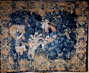 Hércules derribando a la Hidra de Lerna que quema a su sirviente Iolas. Tapiz de lana y seda, anónimo, finales del siglo XVI