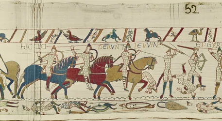 Aquí cayeron los hermanos de Harold: Gyrth y Leofwine, Tapiz de Bayeux