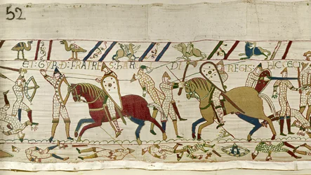 Aquí cayeron los hermanos de Harold: Gyrth y Leofwine, Tapiz de Bayeux