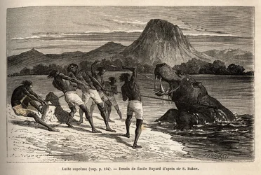 Caza de hipopótamos con la tribu Houarti, con arpones y lanzas, el furioso animal carga y resiste. Grabado para ilustrar la exploración de los afluentes abisinios del Nilo, por Sir Samuel W.Baker, en 1861-62, publicado en “Le tour du monde” 1869.